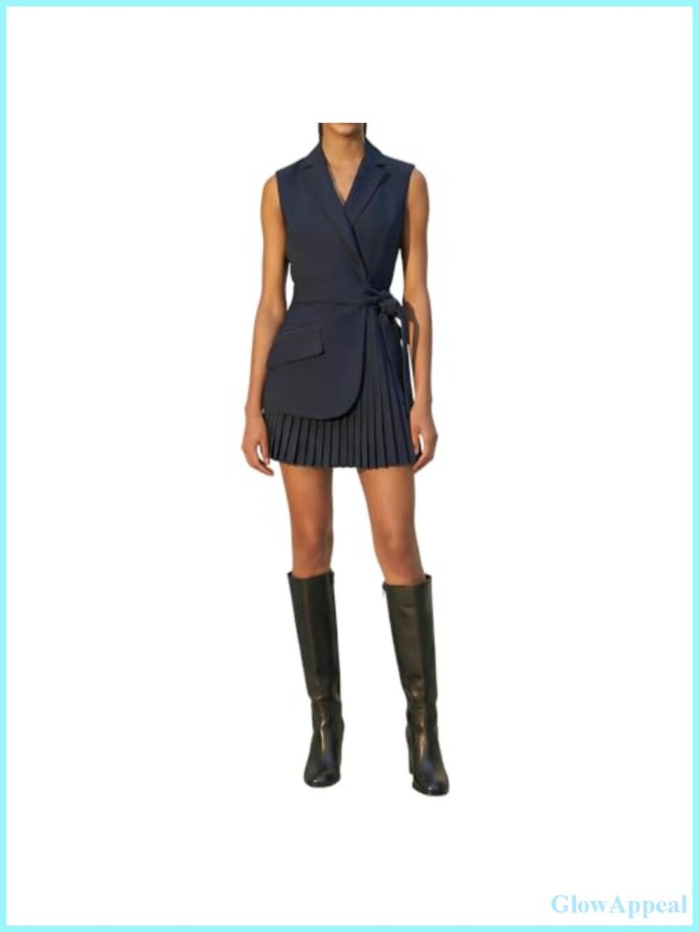 Women's Belt Blazer Dress Lapel Neck Sleeveless Pleated Mini